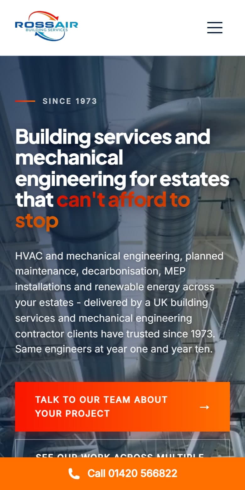 The Rossair website we built, shown on a phone